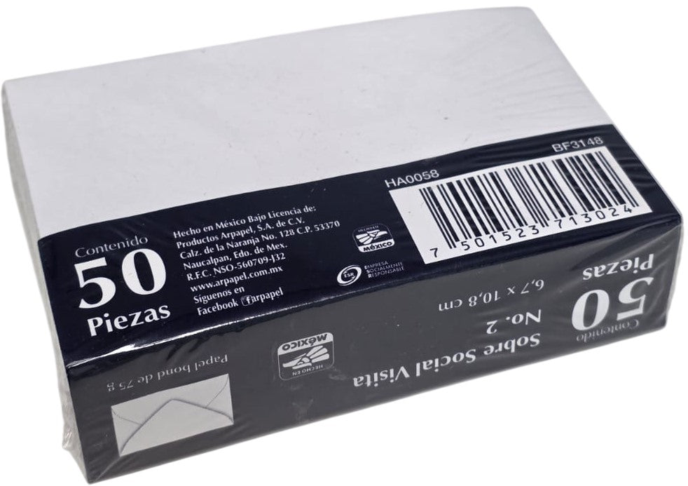 Sobre tarjeta de Visita paquete c/50 75g #2 Blanco Bond 6.1×9.5cm Nassa® HA0058 Paquete 750152371302