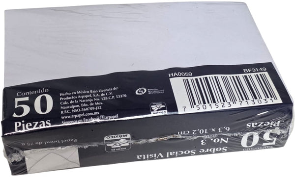 Sobre tarjeta de Visita paquete c/50 75g #3 Blanco Bond 6.3×10.2cm Nassa® HA0059 Paquete 75015237130