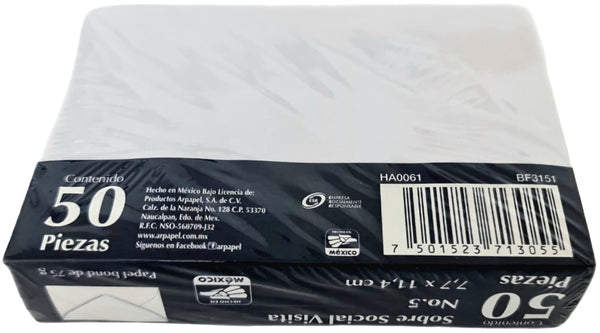 Sobre tarjeta de Visita paquete c/50 75g #5 Blanco Bond 7.7×11.4cm Nassa® HA0061 Paquete 75015237130