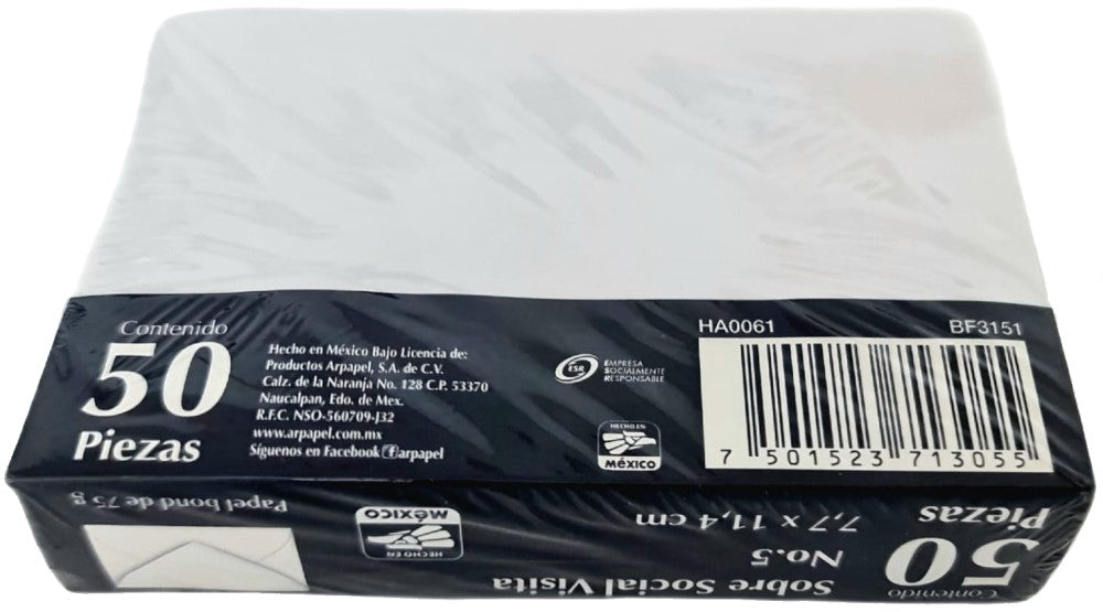 Sobre tarjeta de Visita paquete c/50 75g #5 Blanco Bond 7.7×11.4cm Nassa® HA0061 Paquete 75015237130