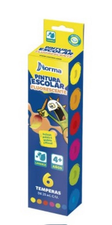 Pintura Témpera Norma Escolar Fluorescente c/6 25ml Colores Neón(6) Norma® 544982 Pieza 770211144982