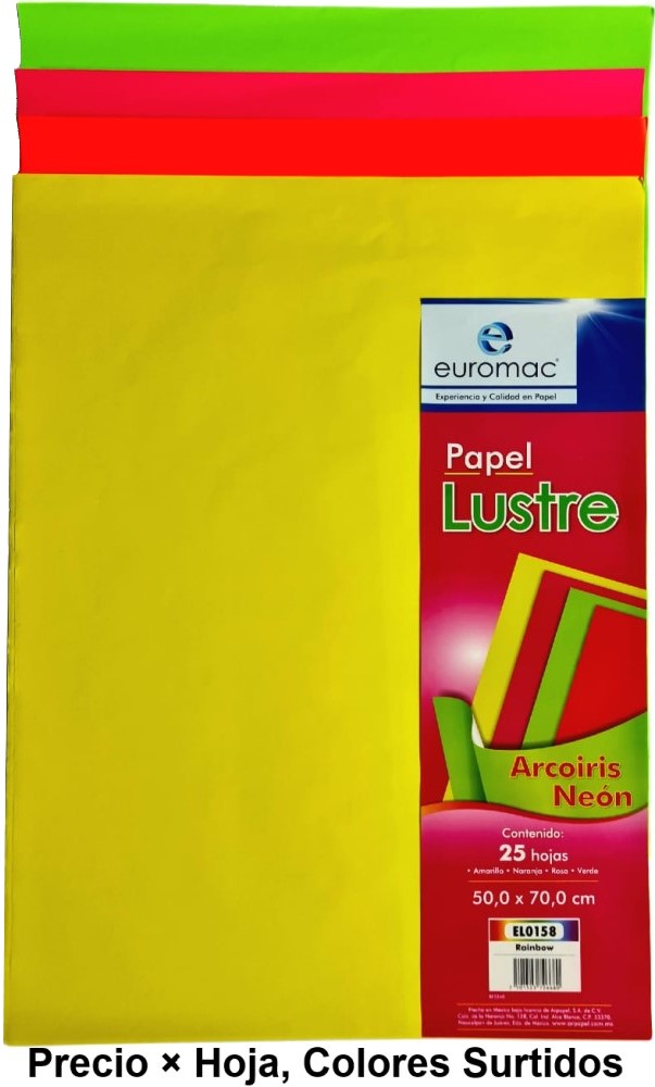 Papel Lustrina Eurolustre 24.5k Arcoiris Neón-4 50×70 70g euromac® EL0158 [Hoja] 7501523726680