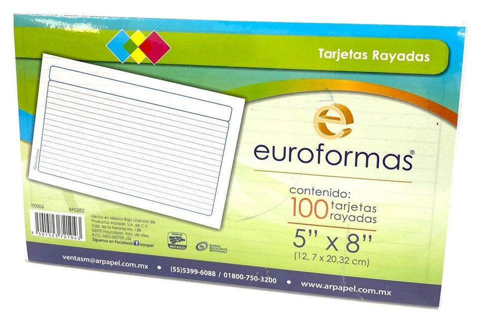 Tarjeta Índice Rayada c/100 Raya 5×8" euroformas® TI0006 Paquete 7501523721043 01