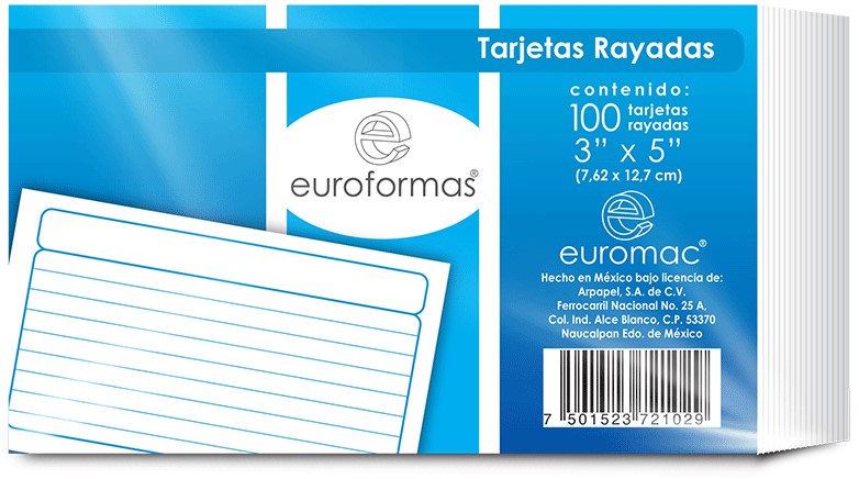 Tarjeta Índice Rayada c/100 Raya 3×5" euroformas® TI0004 Paquete 7501523721029 01