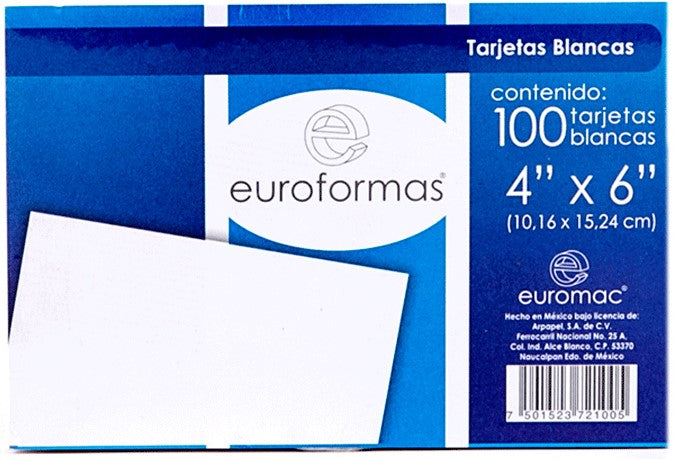Tarjeta Índice Blanca c/100 Blanco 4×6" euroformas® TI0002 Paquete 7501523721005 01
