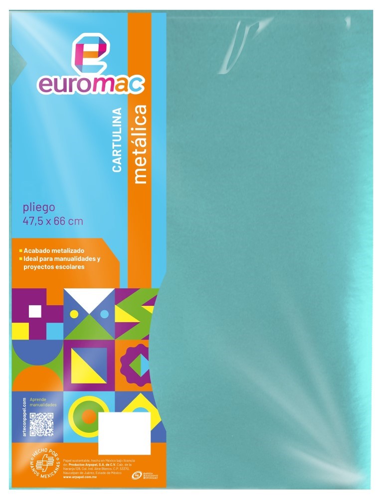 Cartulina Metálica 1/cara Azul Turquesa 47.5×66cm euromac® MT0002 Hoja 7501523726994 01