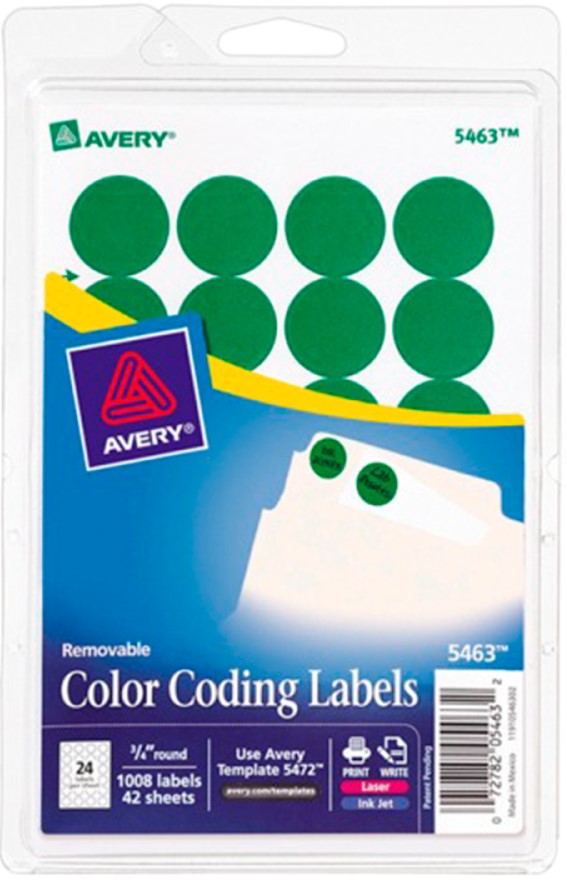 Etiqueta p/Impresora Removible Circulo c/1008 42hjs Verde Ø ¾"24× hj Avery® 5463 Pieza 72782054632 0