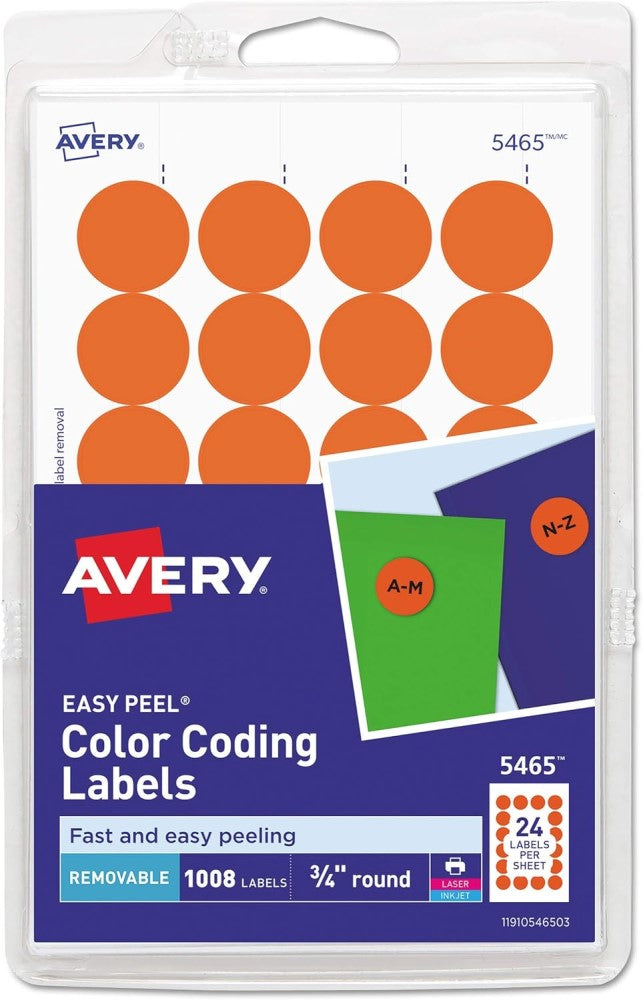 Etiqueta p/Impresora Removible Circulo c/1008 42hjs Naranja Ø ¾"24× hj Avery® 5465 Pieza 72782054656