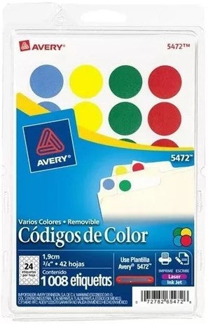 Etiqueta p/Impresora Removible Circulo c/1008 42hjs Colores Ø ¾"24× hj Avery® 5472 Pieza 72782054724