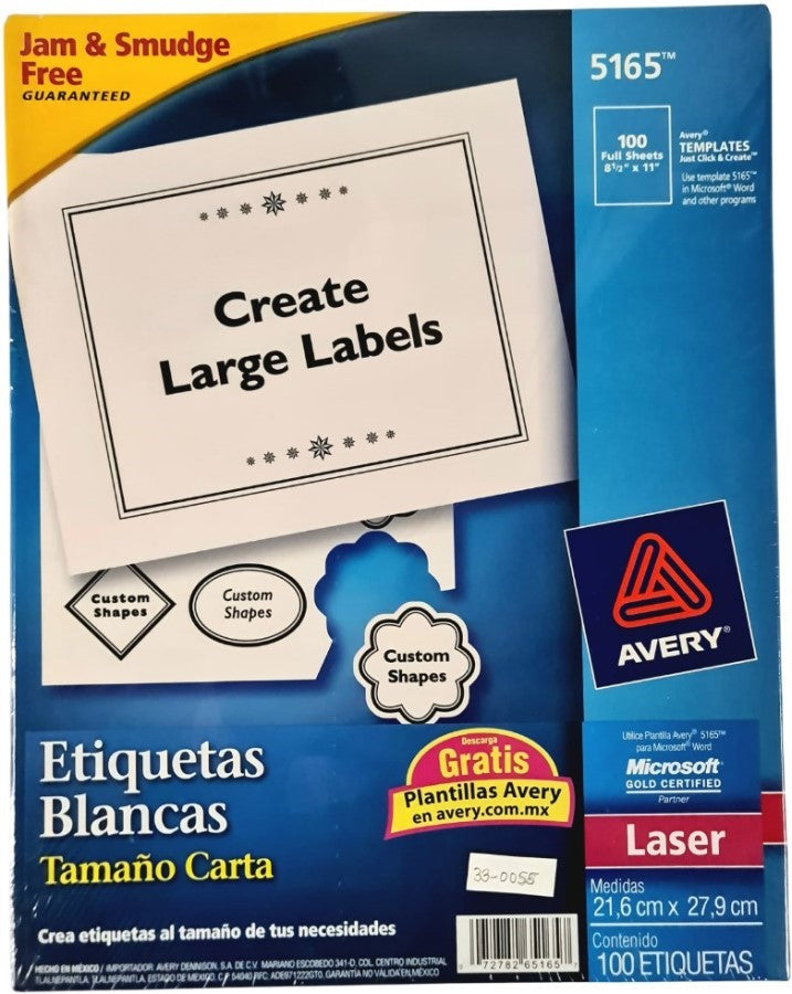 Etiqueta p/Impresora Láser c/100 1 × Hoja 100hj Blanco 8½×11" Avery® 5165 [Caja] 72782651657