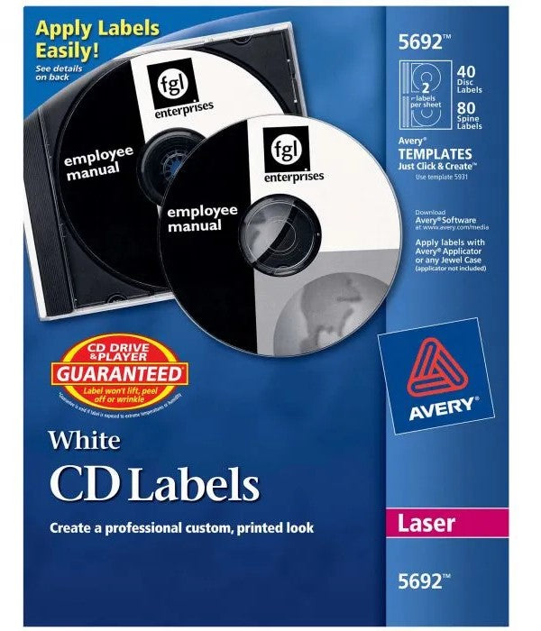 Etiqueta p/Impresora Láser c/40 2 × Hoja Ø11cm 20hjs Blanco CD-DVD Avery® 5692 [Sobre]