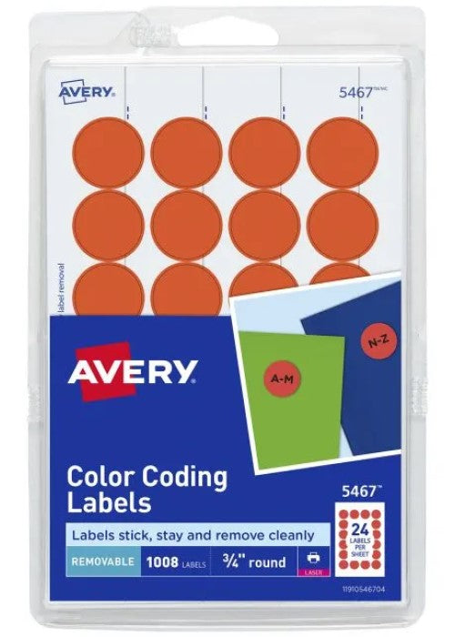 Etiqueta p/Impresora Removible Circulo c/1008 42hjs Rojo Neón Ø ¾"24× hj Avery® 5467 Pieza 727820546