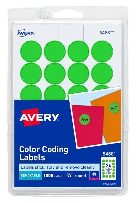 Etiqueta p/Impresora Removible Circulo c/1008 42hjs Verde Neón Ø ¾"24× hj Avery® 5468 Pieza 72782054