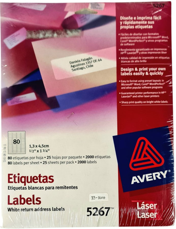 Etiqueta p/Impresora Láser c/2000 80 × Hoja 25hjs Blanco ½×1¾" Avery® 5267 [Sobre] 72782652678