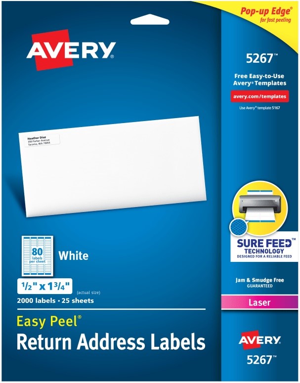 Etiqueta p/Impresora Láser c/2000 80 × Hoja 25hjs Blanco ½×1¾" Avery® 5267 [Sobre] 72782652678 3