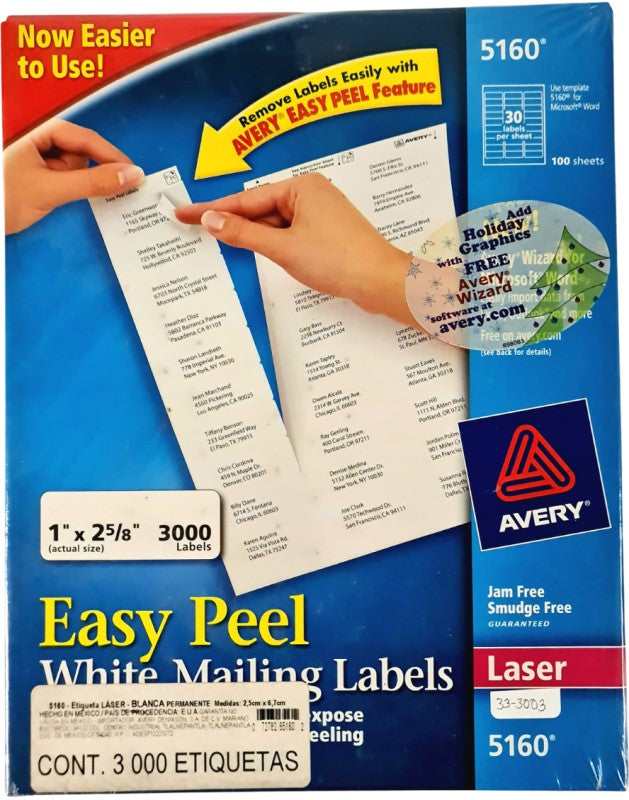 Etiqueta p/Impresora Láser c/3000 30 × Hoja 100hj Blanco 1×2-5/8" Avery® 5160 [Caja] 72782651602