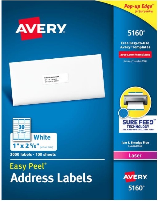 Etiqueta p/Impresora Láser c/3000 30 × Hoja 100hj Blanco 1×2-5/8" Avery® 5160 [Caja] 72782651602 3