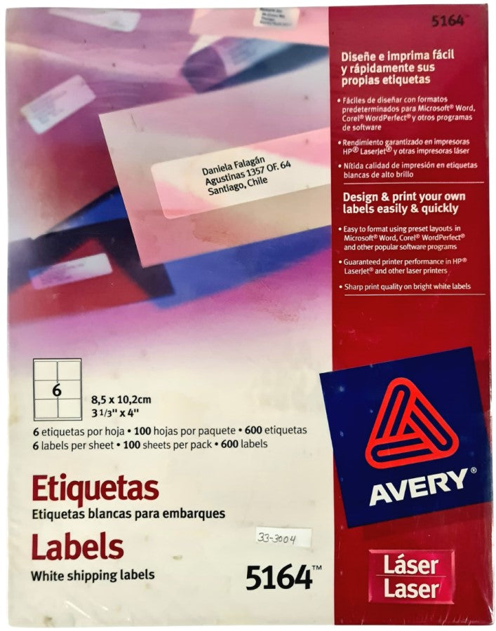 Etiqueta p/Impresora Láser c/600 6 × Hoja 100hj Blanco 3-1/3×4" Avery® 5164 [Sobre] 72782651640