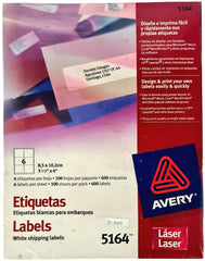 Etiqueta p/Impresora Láser c/600 6 × Hoja 100hj Blanco 3-1/3×4" Avery® 5164 [Sobre] 72782651640