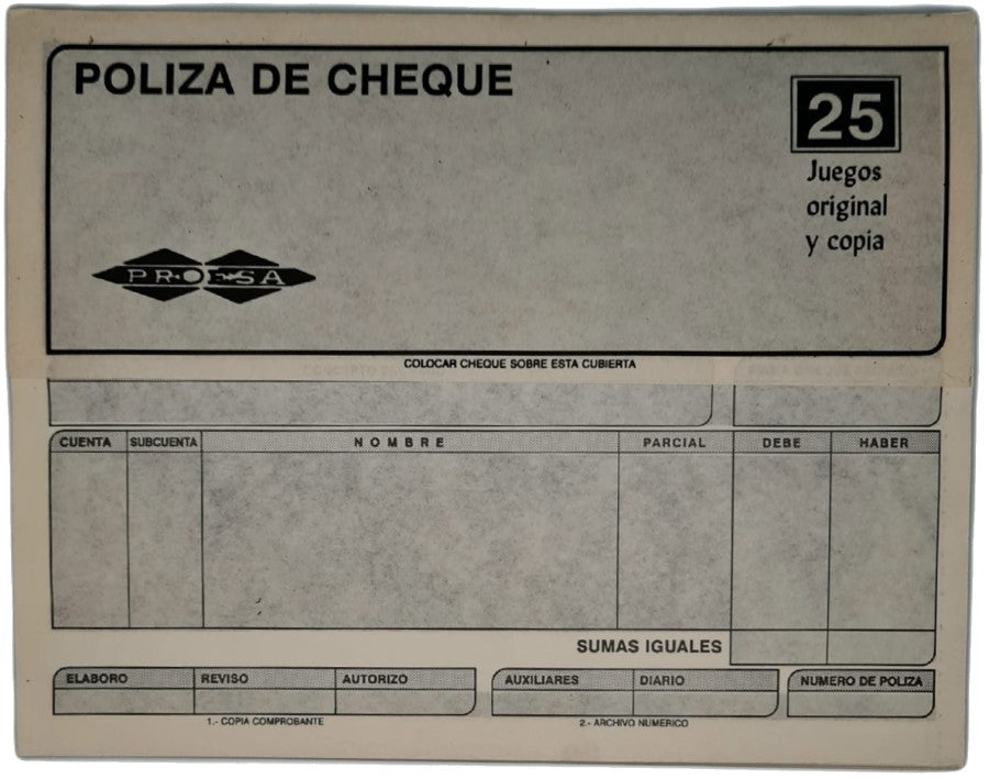 Block Póliza Cheques c/Carbón C 25 Juegos ½ Oficio Proesa® 1011 [Pieza] 2