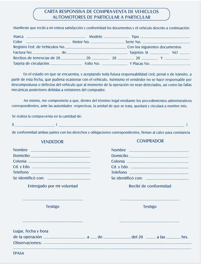 Block Carta Responsiva Compra-Venta de Vehículos 50 hojas Pinos Altos® CR [Pieza] 7503002372784