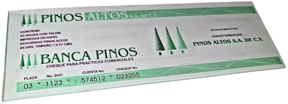 Block Practicas de Cheques con Talón 25 hojas Pinos Altos® PC [Pieza]