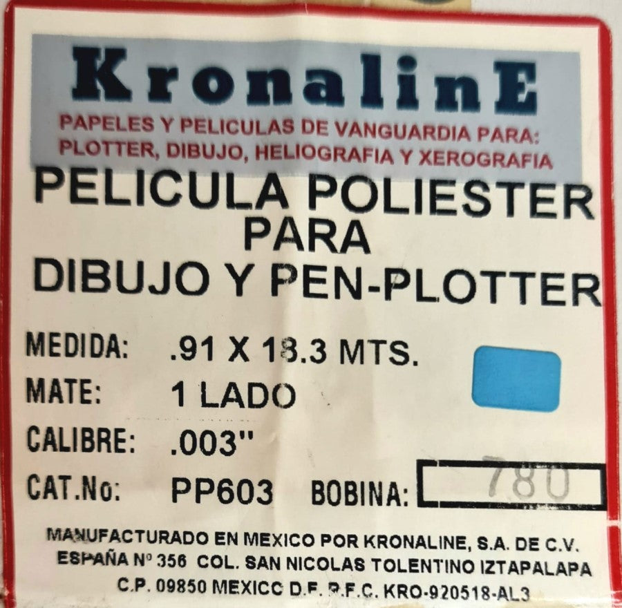 Película Poliéster Rollo Calibre.003" 1/cara N/2" Mate .91×18.3m KronalinE® PP603 Rollo 792949106034