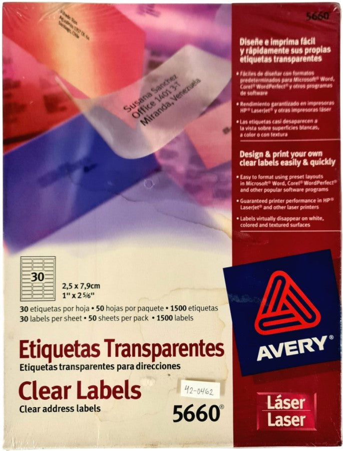 Etiqueta p/Impresora Láser c/1500 30 × Hoja 50hjs TransparenteMat 1×2-5/8" Avery® 5660 [Caja] 72782656607