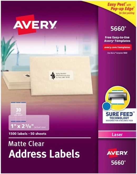 Etiqueta p/Impresora Láser c/1500 30 × Hoja 50hjs TransparenteMat 1×2-5/8" Avery® 5660 [Caja] 72782656607 3