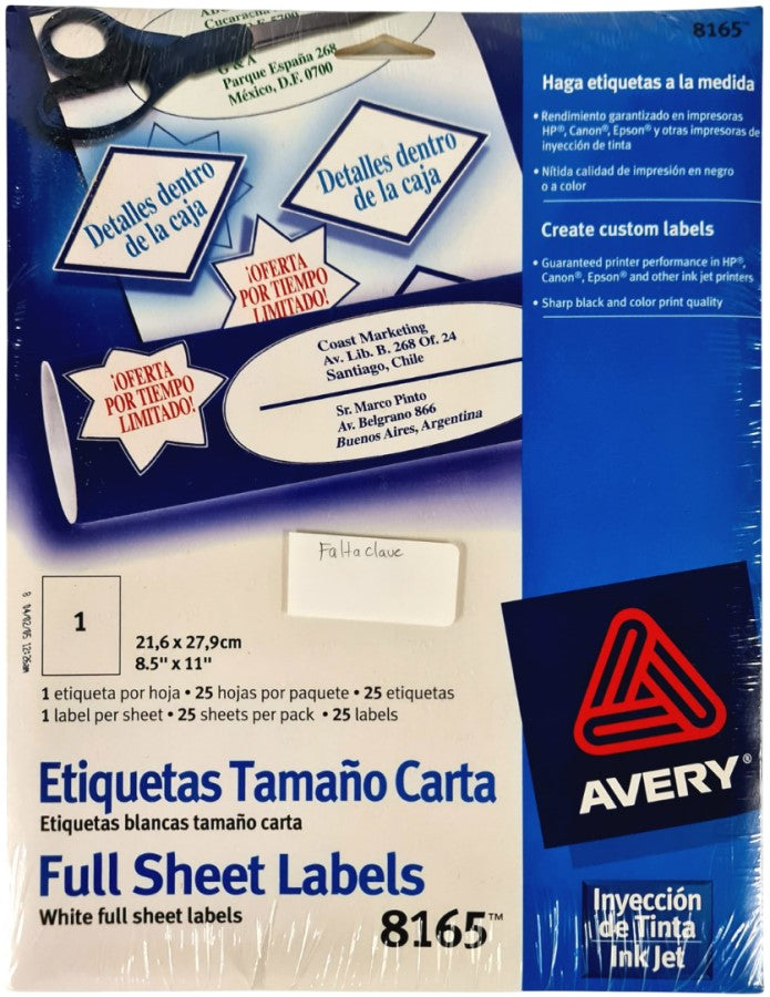 Etiqueta p/Impresora Ink-Jet c/25 1 × Hoja 25hjs Blanco 8½×11" Avery® 8165 [Sobre] 72782681654