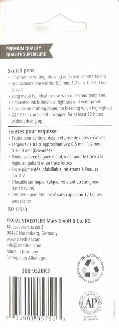 Estilógrafo DesechableSet pigment liner Cincel,0,5, 1.2mm Negro c/3 Staedtler® 308 9S2BK3 [Conjunto] 31901957513 4