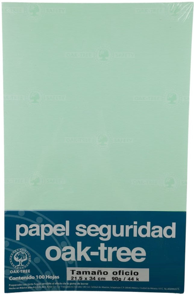 Papel Seguridad paquete c/100 90g Verde Claro Oficio Oak-Tree® Cien hojas 01