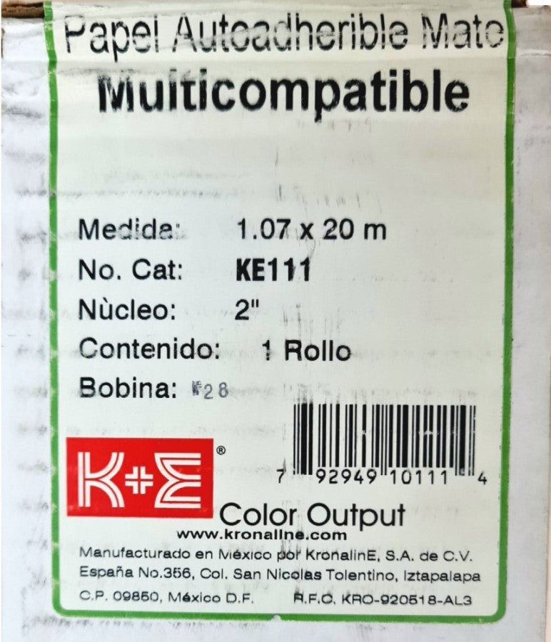 Papel Autoadherible Rollo Premiun K+E N/2" Mate 1.07×20m KronalinE® KE111 [Rollo] 792949101114