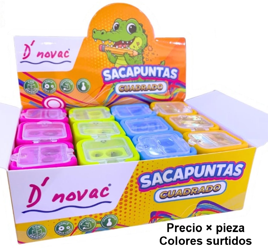 Sacapuntas de Plástico Cuadrado c/tapa Doble Colores c/Deposito D'novac® SC053Z [Pieza] 7506287325193 2