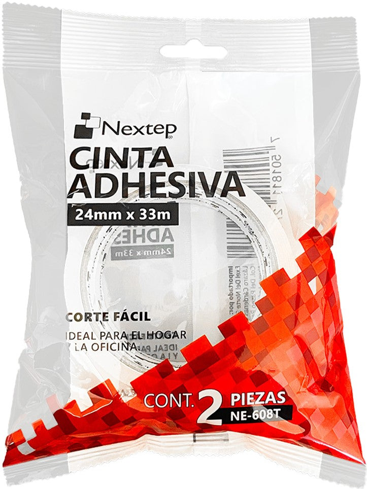 Cinta Adhesiva Corte Fácil Bolsa c/2 Transparente 24mm×m33m Nextep® NE-608T Paquete 7501811274879 01