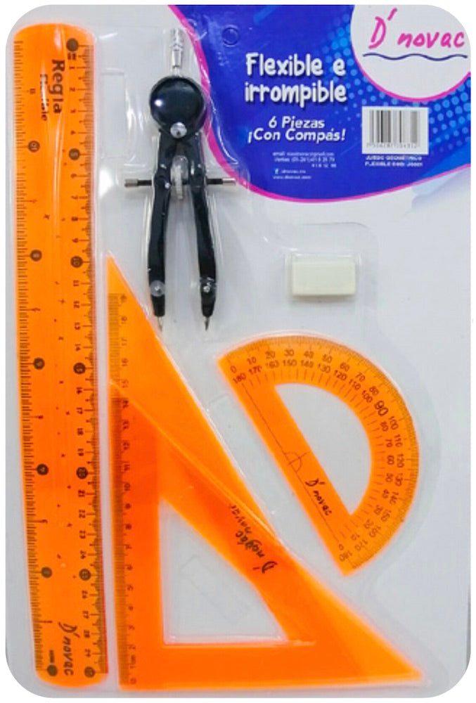 Juego de Geometría Flex Flexible c/Compás Metal Colores Trasnpa D'novac® [Paquete] Imagen secundaria del producto