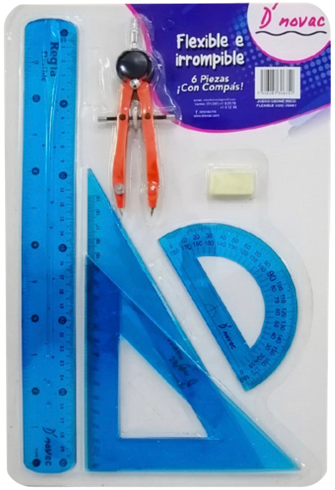 Juego de Geometría Flex Flexible c/Compás Metal Colores Trasnpa D'novac® [Paquete] 7506287306352 3