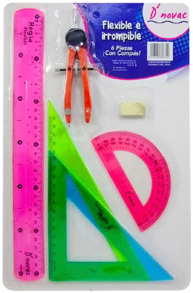 Juego de Geometría Flex Flexible c/Compás Metal Colores Trasnpa D'novac® [Paquete] 7506287306352 4