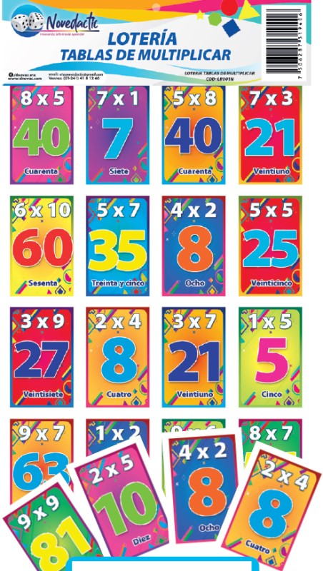 Lotería Tablas de Multiplicar c/8 Tablas 54 Tarje 14.5×21.5 Novedactic® LR001N Bolsa 7506287319406 0