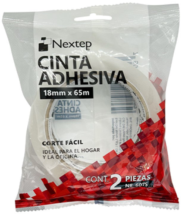 Cinta Adhesiva Corte Fácil Bolsa c/2 Transparente 18mm×65m Nextep® NE-607S Paquete 7501811274862