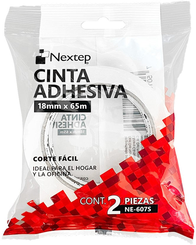 Cinta Adhesiva Corte Fácil Bolsa c/2 Transparente 18mm×65m Nextep® NE-607S Paquete 7501811274862 01