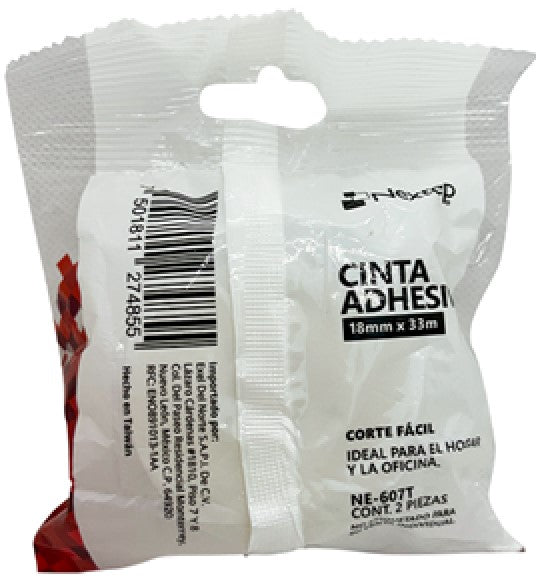 Cinta Adhesiva Corte Fácil Bolsa c/2 Transparente 18mm×33m Nextep® NE-607T Paquete 7501811274855 02
