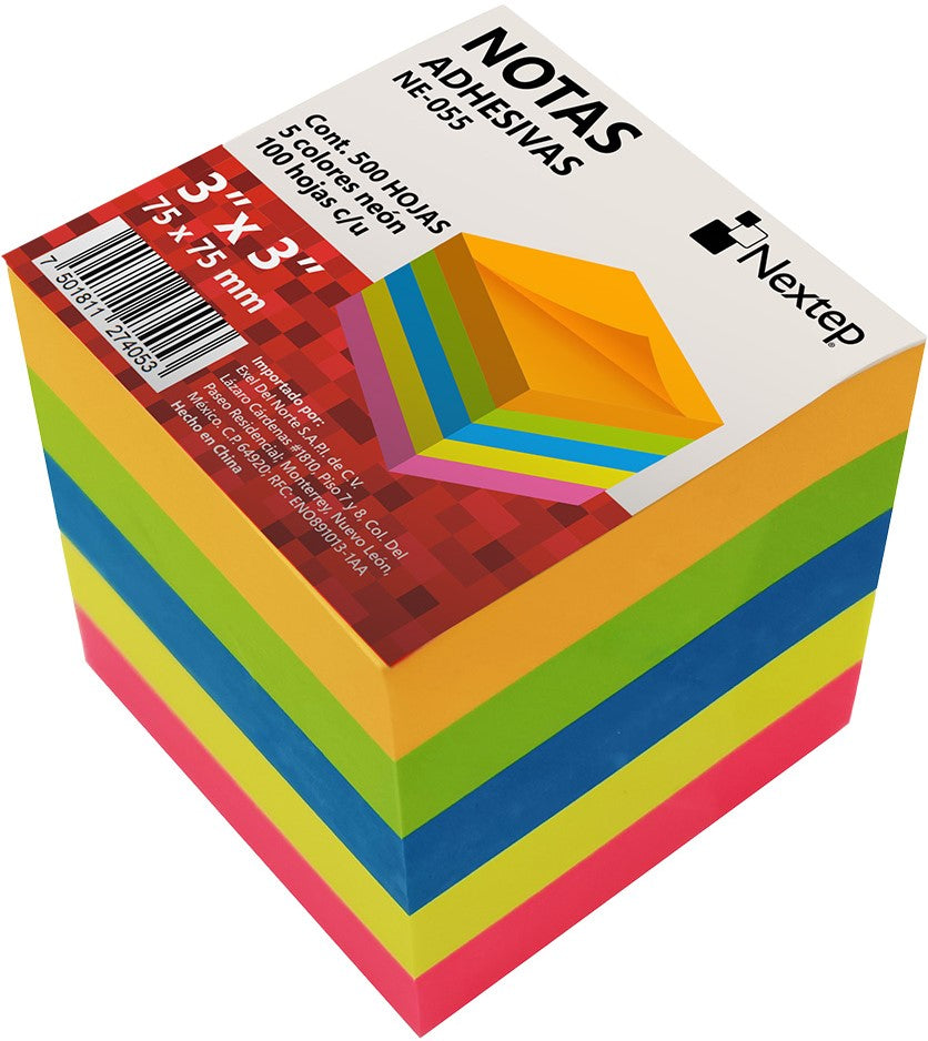 Notas Adhesivas 5 colores c/100h c/u 500hj Cubo Neón 3×3" Nextep® NE-055 [Pieza] 7501811274053