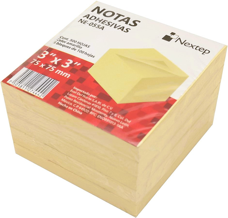 Notas Adhesivas 5 Blocks c/100h c/u 500hj Cubo Amarillo 3×3" Nextep® NE-055A [Pieza] 7501811274442