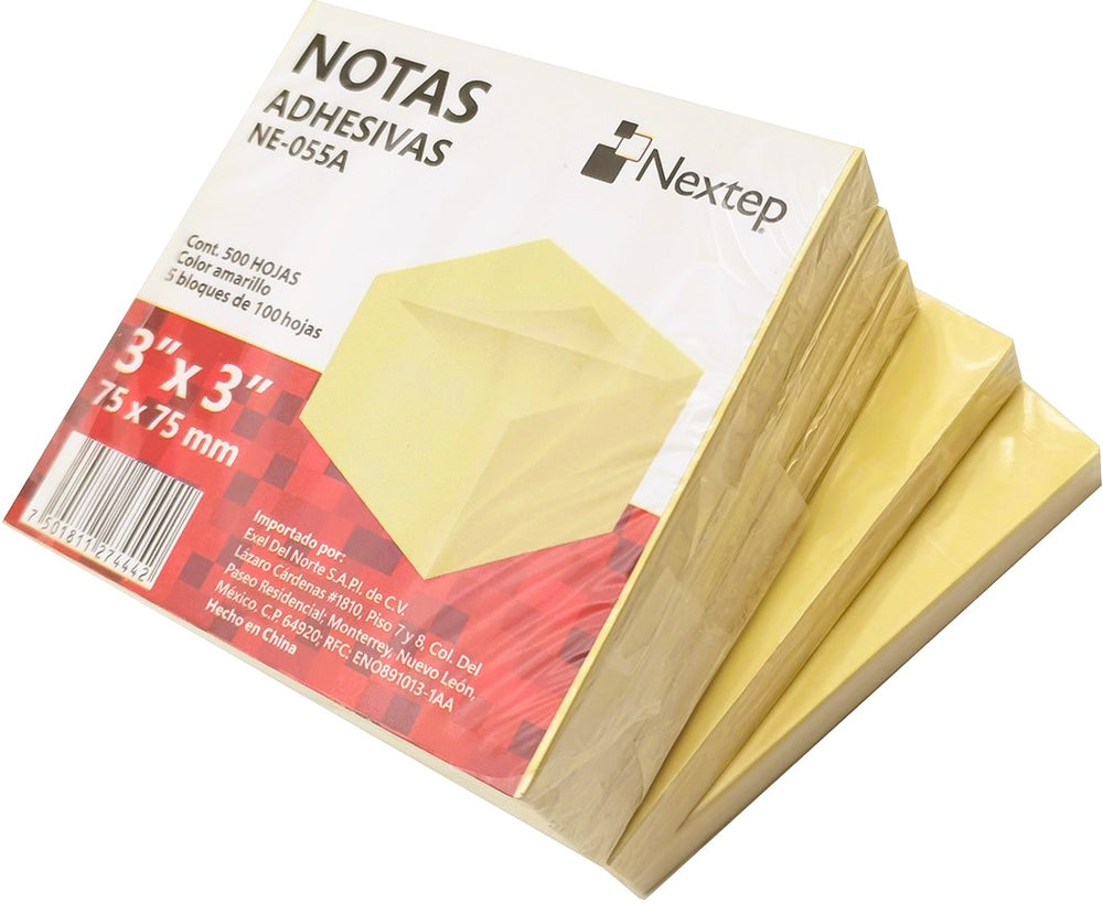 Notas Adhesivas 5 Blocks c/100h c/u 500hj Cubo Amarillo 3×3" Nextep® NE-055A [Pieza] 7501811274442 2