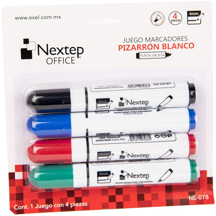Marcador p/Pizarrón Barril Plástico Colores Est.c/4 Nextep® NE-078 [Paquete] 7501811272073