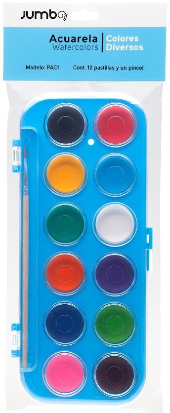 Acuarelas en Plástico c/Pincel Colores c/12 Jumbo® PAC1 [Estuche] 7502285732711
