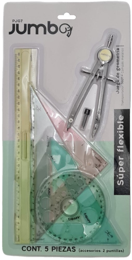 Juego de Geometría Flex Flexible c/Compás Metal Colores Jumbo® PJG7 [Paquete] 7502307714206