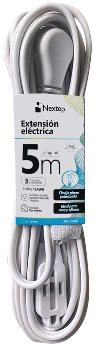 Extension Electrica Clavija Plana-3 contactos Blanca 5m 16 AWG Nextep® NE-244C Pieza 7501811275500