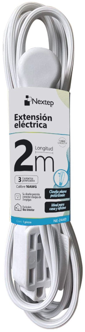 Extension Electrica Clavija Plana-3 contactos Blanca 2m 16 AWG Nextep® NE-244D [Pieza] 7501811275487
